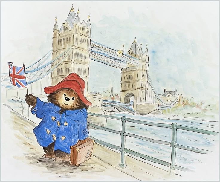 Paddington waving the Union Flag in front of the tower bridge!